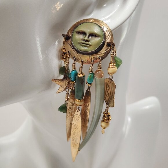 Rare Vintage Gold Tone Tabra "Celestial" Moon Face Pierced Dangle Earrings - Picture 2 of 8